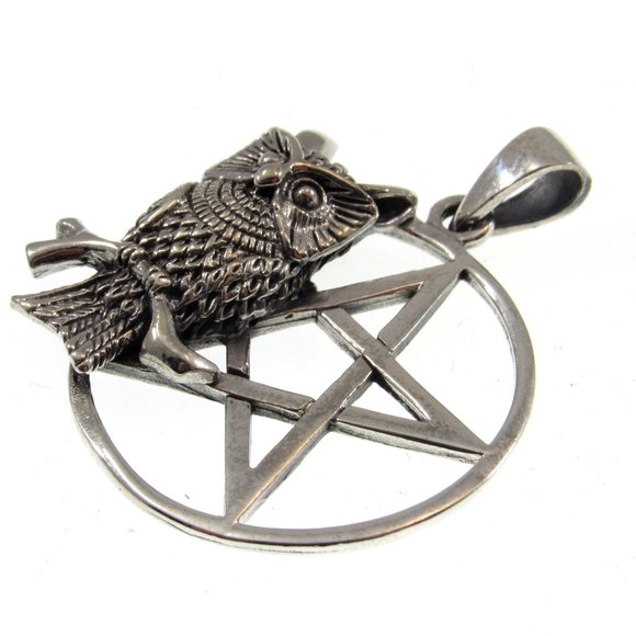 Solid 925 Sterling Silver Owl Pentacle Pagan Pentagram Pendant - Picture 4 of 5